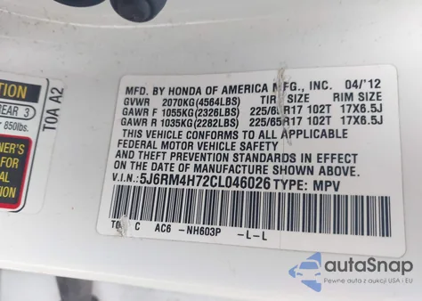 2012 Honda Cr-V Ex-L z USA, uszkodzony, nr VIN 5J6RM4H72CL046026